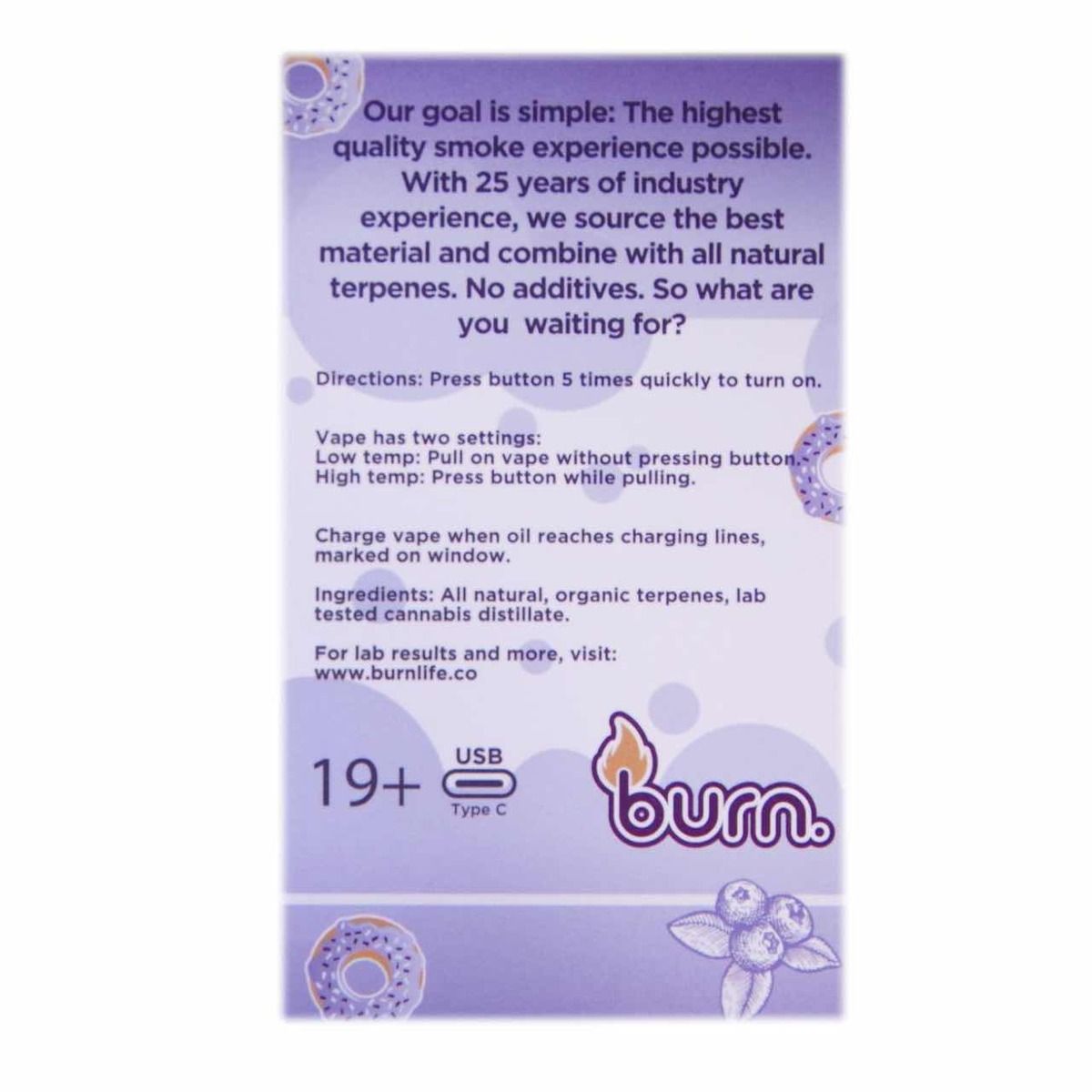 Burn Disposable Vapes – Blueberry Donut (Indica) (3 Gram) - Image 2
