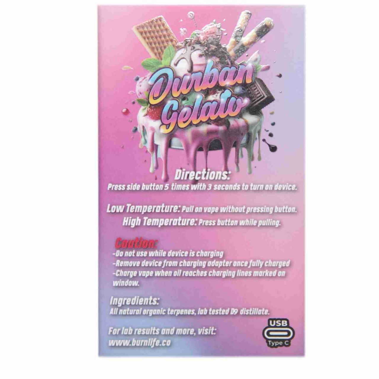 Burn Disposable Vapes – Durban Gelato (Sativa) (3 Gram) - Image 2